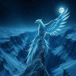 A beautiful and mystical scene depicting a female radiant and legendary phoenix bird with feathers in shades of navy blue and white, perched gracefully at the edge of a majestic snowy canyon