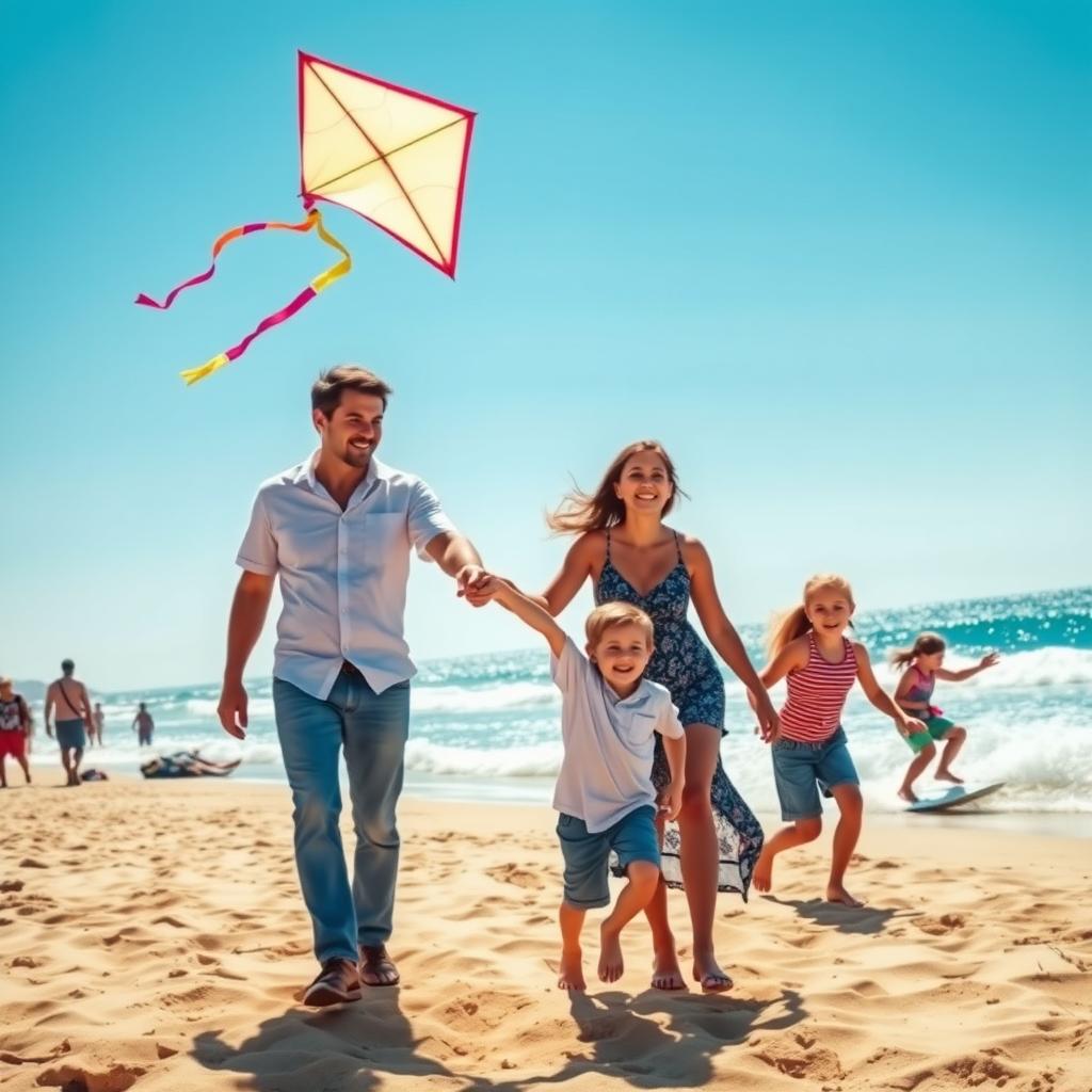 A vibrant scene of a family of five enjoying a sunny day outdoors