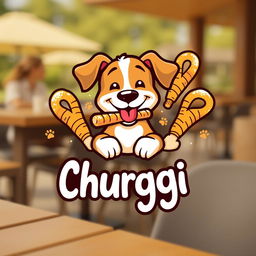 A vibrant logo design for a dog café named 'Churggi'