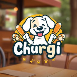 A vibrant logo design for a dog café named 'Churggi'