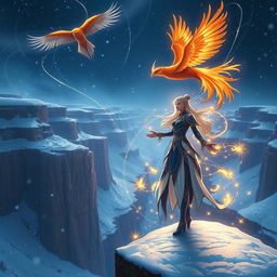 A mystical scene depicting a radiant female figure with navy blue and white hues in her attire, standing at the edge of a breathtaking canyon during a snowy night