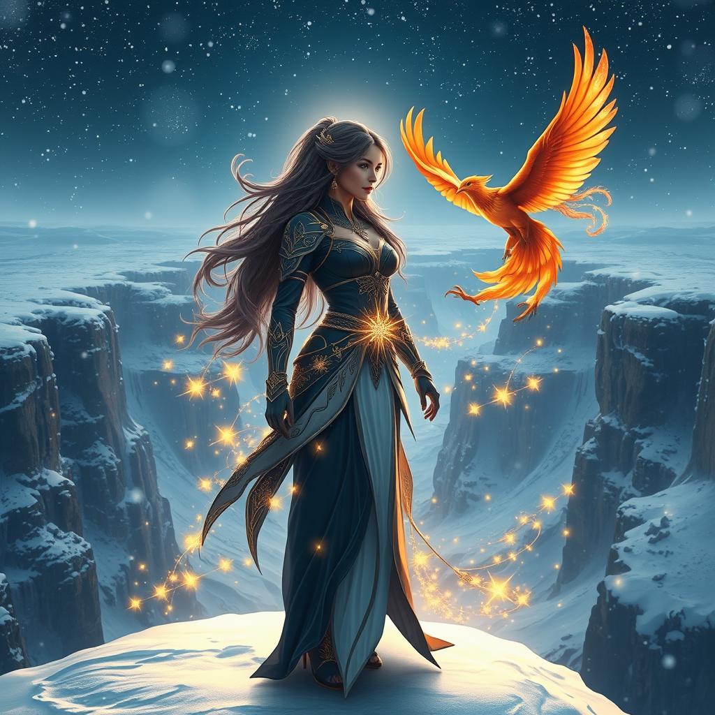 A mystical scene depicting a radiant female figure with navy blue and white hues in her attire, standing at the edge of a breathtaking canyon during a snowy night