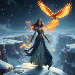 A mystical scene depicting a radiant female figure with navy blue and white hues in her attire, standing at the edge of a breathtaking canyon during a snowy night
