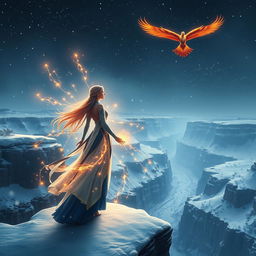 A mystical scene depicting a radiant female figure with navy blue and white hues in her attire, standing at the edge of a breathtaking canyon during a snowy night