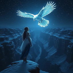 A female figure representing radiance, adorned in a mix of navy blue and white colors, stands at the edge of a majestic canyon during a snowing cold night