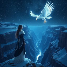 A female figure representing radiance, adorned in a mix of navy blue and white colors, stands at the edge of a majestic canyon during a snowing cold night