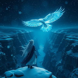A female figure representing radiance, adorned in a mix of navy blue and white colors, stands at the edge of a majestic canyon during a snowing cold night