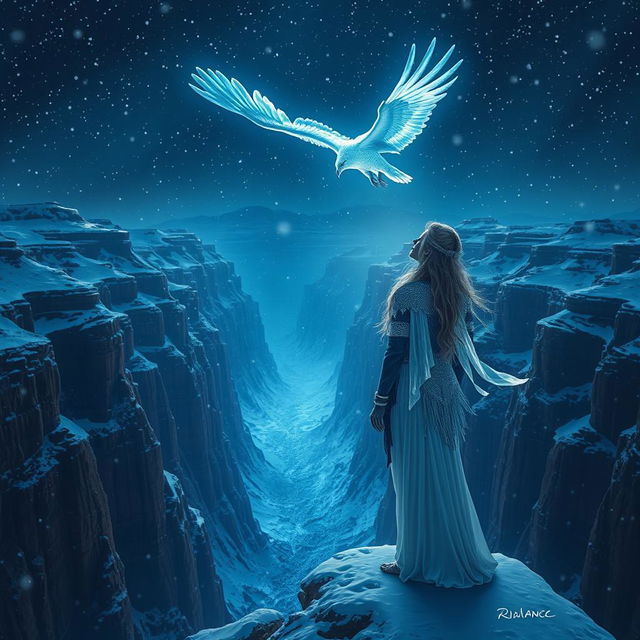 A female figure representing radiance, adorned in a mix of navy blue and white colors, stands at the edge of a majestic canyon during a snowing cold night