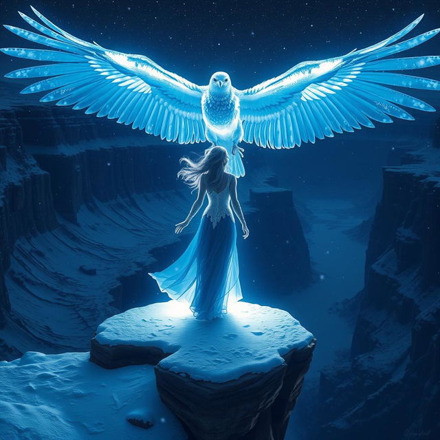 A female figure radiating a luminous navy blue glow, surrounded by soft white accents, stands at the edge of a majestic canyon during a snowing cold night