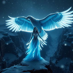 A female figure radiating a luminous navy blue glow, surrounded by soft white accents, stands at the edge of a majestic canyon during a snowing cold night