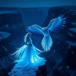 A female figure radiating a luminous navy blue glow, surrounded by soft white accents, stands at the edge of a majestic canyon during a snowing cold night