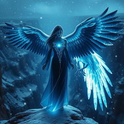 A female figure radiating a luminous navy blue glow, surrounded by soft white accents, stands at the edge of a majestic canyon during a snowing cold night