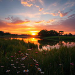 A stunningly beautiful portrait of a serene landscape at sunset, featuring vibrant colors like orange, pink, and purple filling the sky as the sun dips below a tranquil lake surrounded by lush greenery