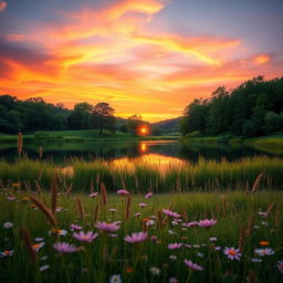 A stunningly beautiful portrait of a serene landscape at sunset, featuring vibrant colors like orange, pink, and purple filling the sky as the sun dips below a tranquil lake surrounded by lush greenery
