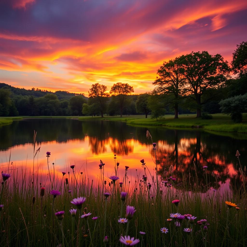 A stunningly beautiful portrait of a serene landscape at sunset, featuring vibrant colors like orange, pink, and purple filling the sky as the sun dips below a tranquil lake surrounded by lush greenery