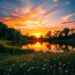 A stunningly beautiful portrait of a serene landscape at sunset, featuring vibrant colors like orange, pink, and purple filling the sky as the sun dips below a tranquil lake surrounded by lush greenery