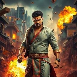 A gripping action scene featuring a heroic character reminiscent of a South Indian film hero, clad in stylish traditional attire with intricate patterns