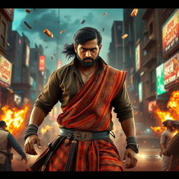 A gripping action scene featuring a heroic character reminiscent of a South Indian film hero, clad in stylish traditional attire with intricate patterns