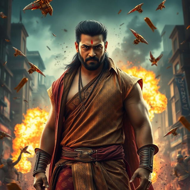 A gripping action scene featuring a heroic character reminiscent of a South Indian film hero, clad in stylish traditional attire with intricate patterns