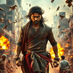 A gripping action scene featuring a heroic character reminiscent of a South Indian film hero, clad in stylish traditional attire with intricate patterns