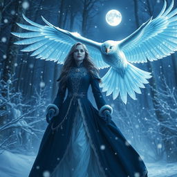 A stunning scene depicting a radiant female figure in navy blue attire with white accents, standing elegantly in a snowy forest at night