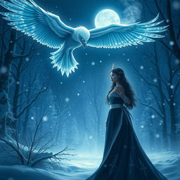 A stunning scene depicting a radiant female figure in navy blue attire with white accents, standing elegantly in a snowy forest at night