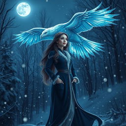 A stunning scene depicting a radiant female figure in navy blue attire with white accents, standing elegantly in a snowy forest at night