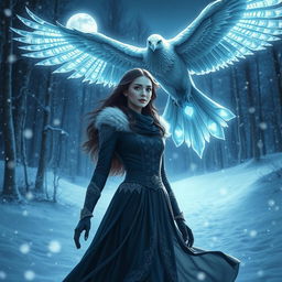 A stunning scene depicting a radiant female figure in navy blue attire with white accents, standing elegantly in a snowy forest at night