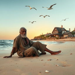 A scene depicting a poor man sitting on the sandy beach near a quaint village