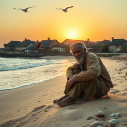 A scene depicting a poor man sitting on the sandy beach near a quaint village
