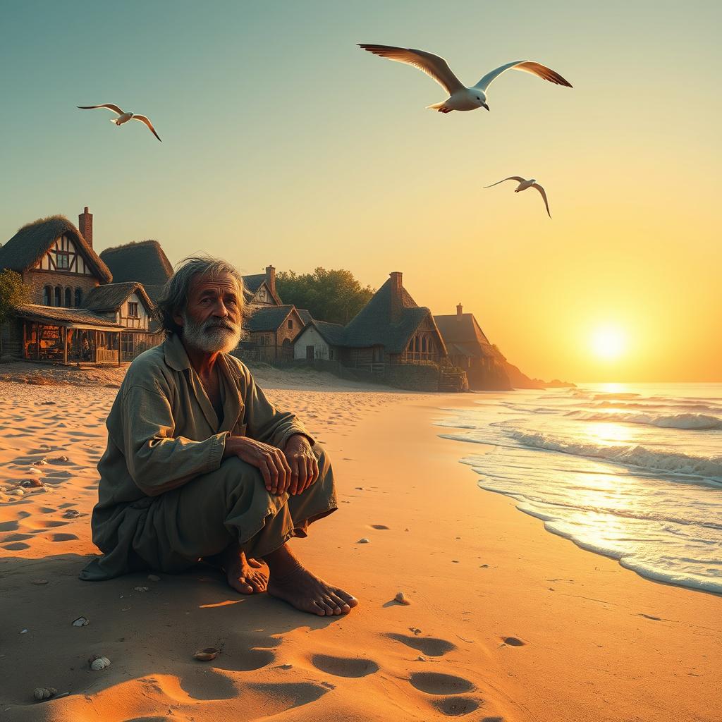 A scene depicting a poor man sitting on the sandy beach near a quaint village
