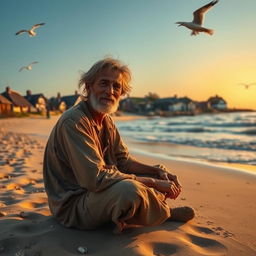 A scene depicting a poor man sitting on the sandy beach near a quaint village