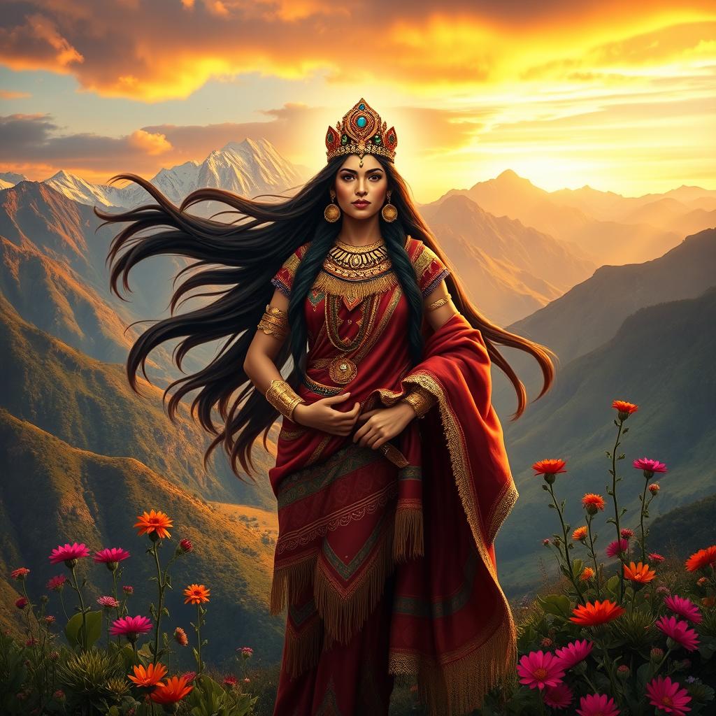 A majestic depiction of Mama Ocllo, an Inca goddess, embodying strength and wisdom