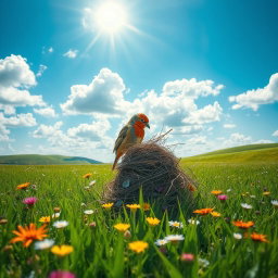 A beautiful scene of a bird building a nest in a green field