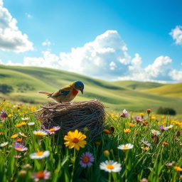 A beautiful scene of a bird building a nest in a green field