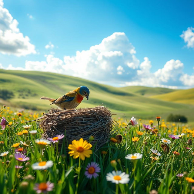 A beautiful scene of a bird building a nest in a green field