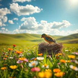A beautiful scene of a bird building a nest in a green field