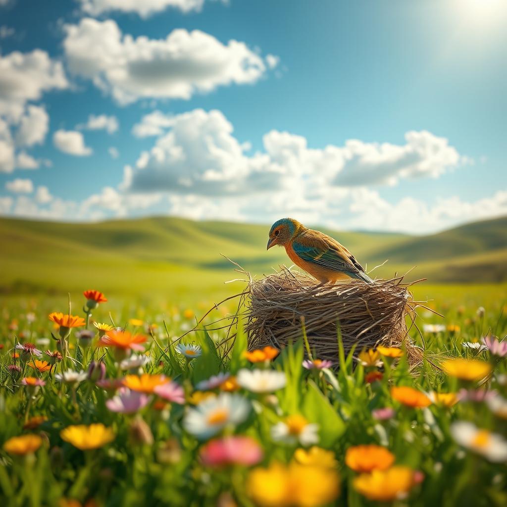A beautiful scene of a bird building a nest in a green field