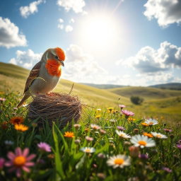 A beautiful scene of a bird building a nest in a green field