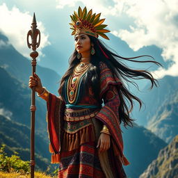 A majestic and powerful portrayal of Mama Ocllo, the Incan goddess associated with fertility and the Earth, standing gracefully amidst a vibrant Andean landscape