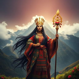 A majestic and powerful portrayal of Mama Ocllo, the Incan goddess associated with fertility and the Earth, standing gracefully amidst a vibrant Andean landscape