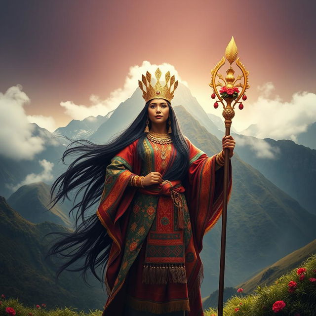 A majestic and powerful portrayal of Mama Ocllo, the Incan goddess associated with fertility and the Earth, standing gracefully amidst a vibrant Andean landscape