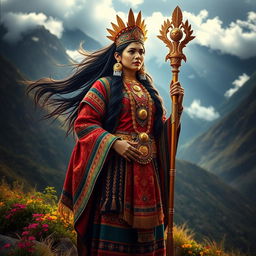 A majestic and powerful portrayal of Mama Ocllo, the Incan goddess associated with fertility and the Earth, standing gracefully amidst a vibrant Andean landscape