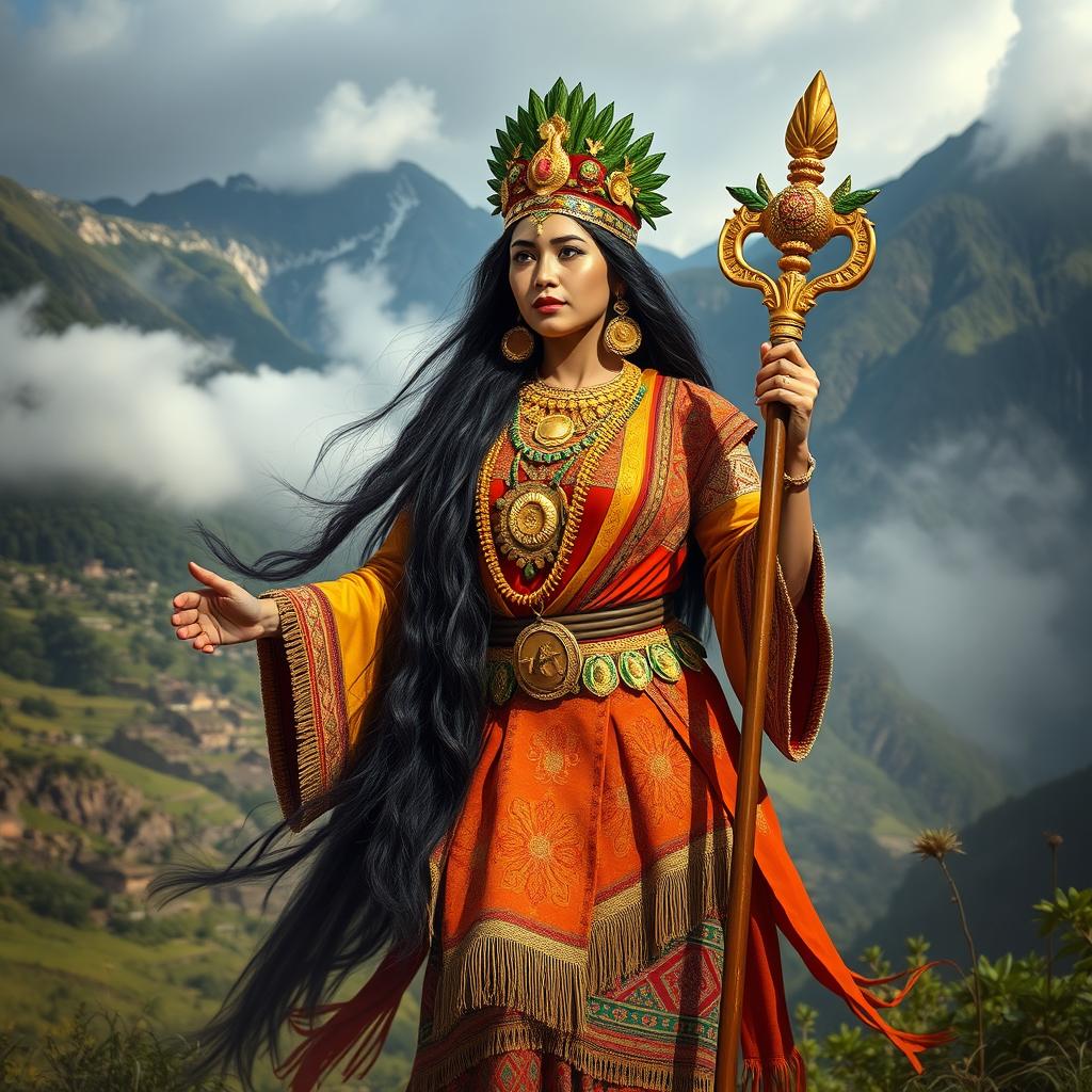 A majestic and powerful portrayal of Mama Ocllo, the Incan goddess associated with fertility and the Earth, standing gracefully amidst a vibrant Andean landscape