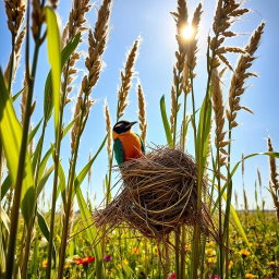 A picturesque scene of a bird constructing a nest among tall jowar (sorghum) plants