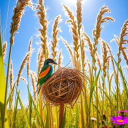 A picturesque scene of a bird constructing a nest among tall jowar (sorghum) plants