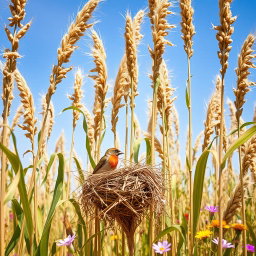 A picturesque scene of a bird constructing a nest among tall jowar (sorghum) plants