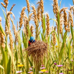 A picturesque scene of a bird constructing a nest among tall jowar (sorghum) plants