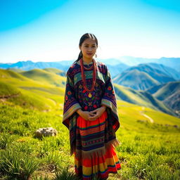 A young Inca woman dressed in traditional colorful attire, featuring intricate patterns and vibrant colors, standing in a lush green Andean landscape