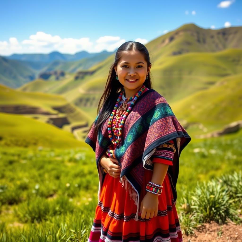 A young Inca woman dressed in traditional colorful attire, featuring intricate patterns and vibrant colors, standing in a lush green Andean landscape